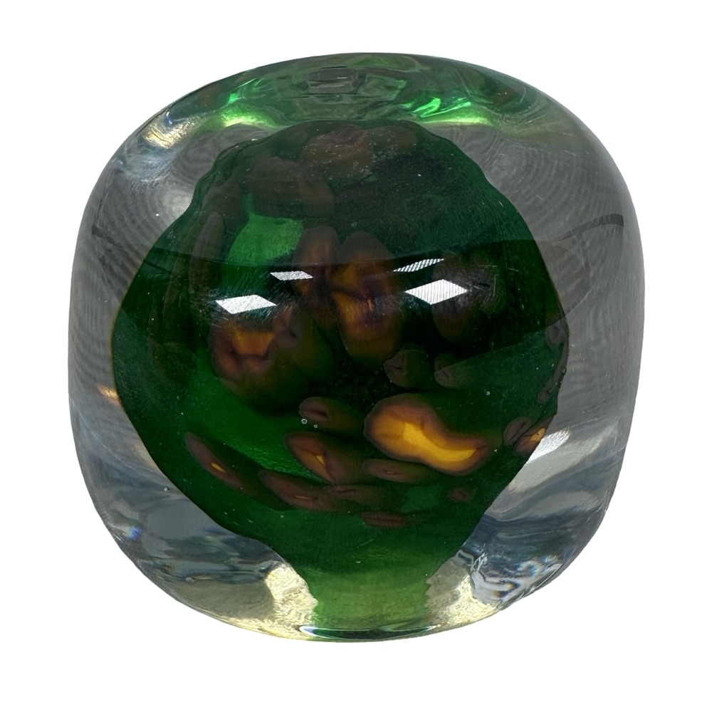 Artisan Signed Green Amber Art Glass Paperweight‎ Sphere 2004 Signed Orb - Picture 3 of 11